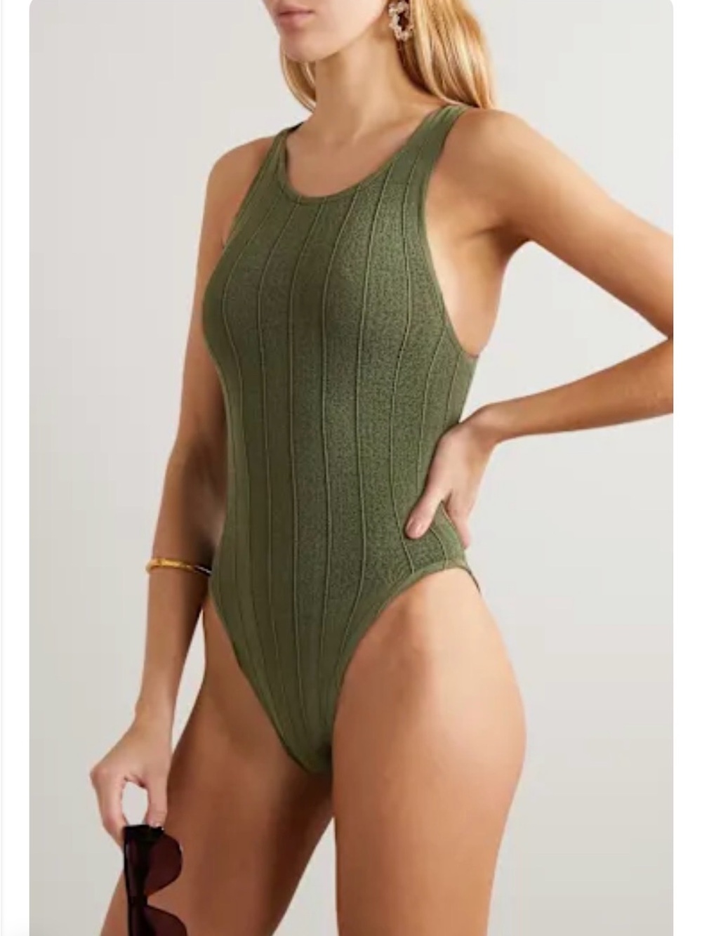 HUNZA G Iris One Piece Racer Tank Swimsuit Nile Ribbed Army Green High Cut